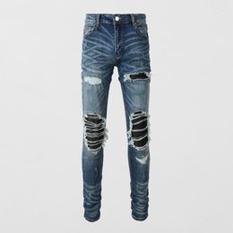 Men's Jeans High Street Fashion Men Retro Blue Stretch Slim Fit Broken Hole Ripped Patch Designer Hip Hop Brand Pants Hombre