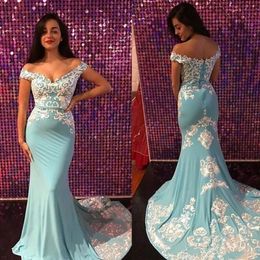 Light Blue Mermaid Prom Dresses White Lace Applique Off the Shoulder Straps Ribbon Sweep Train Custom Made Evening Gowns Plus Size