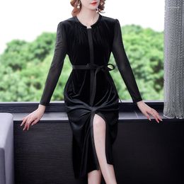 Casual Dresses Lady Dress For Year 2023 Female Autumn High-end Women Slimming Long Bowknot Solid Colour Commuter A-line Retro QC226
