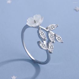 Cluster Rings 925 Sterling Silver Gemstone Shell Flower Ring Pave Setting CZ Opal Leaves For Women Birthday Gift Size 6-8 BSR309