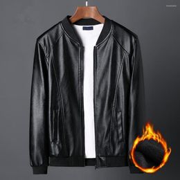 Men's Jackets Thicken Men Jacket Solid Color Stand Collar Outerwear Windproof Faux Leather Plush Lining Zipper Streetwear