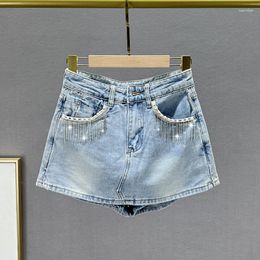 Women's Jeans Bead Tassel Denim Shorts Culotte 2023 Summer High Waist Slim Wide Leg Pants Female Short Jean Woman