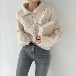 Women's Sweaters Korean Knitted Striped Sweater Winter Women Turn-Down Collar Long Sleeve Loose Short Pullovers Grey Cropped Ladies Tops