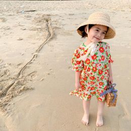 Girl Dresses Children's Skirt 2023 Summer Breathable Seaside Parent-child Floral Dress Cute Little Puff Sleeve Princess