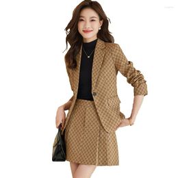 Two Piece Dress 2023 Autumn Winter Khaki Green Plaid Elegant Office Work Wear Mini Skirt Suits OL 2 Sets Female Blazer For Women Set