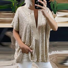 Women's Blouses Women V Neck Sequin Shirts Loose Short Sleeved Shirt Casual Shiny Daily Streetwear Soft Comfy Tops Fashion Sexy Blouse