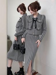 Work Dresses Small Fragrance Wind Houndstooth Knitted Two Piece Sets Women Vintage Bowknot Knit Cardigan Sweater Long Skirt Female