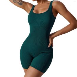 Active Sets Sexy Soft Solid Colour Seamless Women Short Sleeve Bodysuit Gym Jumpsuit Tight Athletic Fitness Yoga Set Backless Wicking