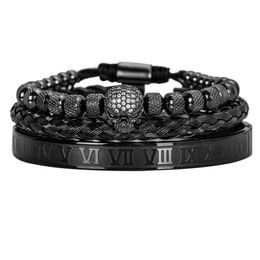 3pcs Set Handmade Men Bracelet Micro Pave CZ Skeleton Skull Roman Numeral Hemp Rope Buckle Open Stainless Steel Bangles 210910204Y