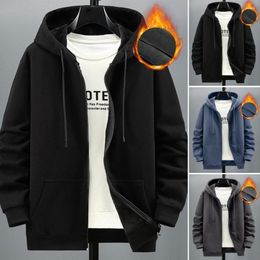 Men's Hoodies Men Autumn Winter Fleece Hoodie With Pocket Zipper Placket Solid Color Long Sleeve Cozy Stylish Coat