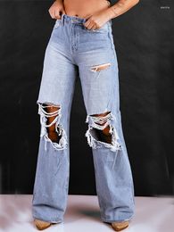 Women's Jeans Loose Fitting Retro High Waisted Pierced Wide Leg Clothing Fashion Washed Denim Trousers Street Trendsetters