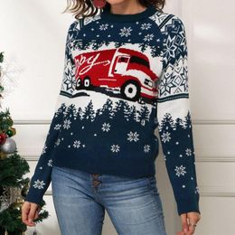 Women's Sweaters Autumn Winter Sweater Pullover Christmas Party Clothes Navy Blue Long Sleeve Snowflake Truck Pattern Casual Jumpers