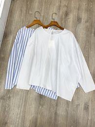 Tote/me white shirt for women's casual commuting round neck striped printed shirt