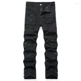Men's Jeans European And American Distressed Small Leg For Men High Street Slim Fit Elastic Motorcycle Black Scratched Long