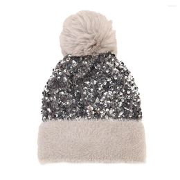 Berets Lady Cap Autumn Winter Knitted Beanie Women Solid Color Attractive Sequins Removable Hair Ball Hat