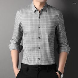 Men's Casual Shirts Spring 2023 Business Small Plaid Long Sleeve Shirt Stylish High Quality Stretch Male Brand Clothing