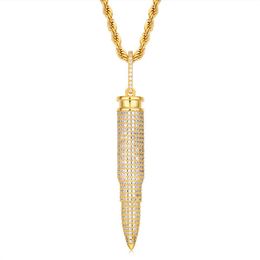 Mens Cool Hip Hop Necklace Gold Silver Colors CZ Bullet Pendant Necklace with 24inch Rope Chain Nice Gift242F