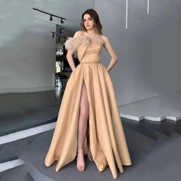 One Shoulder Satin Feather Evening Dresses Floor-length Prom Dress Custom Made Evening Gowns Sleeveless Robes De Soir