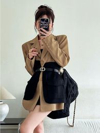 Women's Trench Coats Women Blazer Patchwork Single Breasted Full Sleeve Ladies Suit Coat Belt Colour Matching Casual Long Jacket