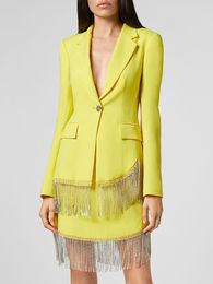 Two Piece Dress Skirt Suit Yellow 2023 Autumn Women's Tassel Slim Fit Jacket Mini Set High Quality