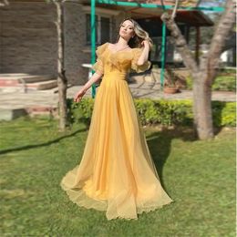 Vintage Yellow Square Neck Tulle Prom Dresses Boho A Line Short Ruffles Sleeves Princess Party Gowns Floor Length 328 328