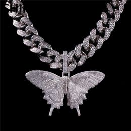 Iced Out Animal Big Butterfly Pendant Necklace Silver Blue Plated Mens Hip Hop Bling Jewelry Gift Whole201E