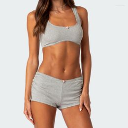 Women's Tracksuits Summer Tank Crop Tops Vest Women Casual Gray 2 Piece Set Skinny Bralette Top Ruched Split Shorts Female Lounge Matching