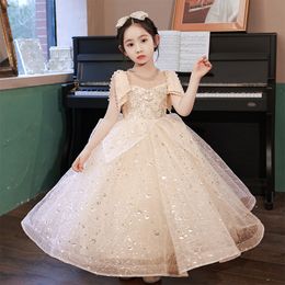 Champagne Lace Flower Girl Bows Children First Holy Communion Princess Formal Tulle Ball Wedding Party Sexy Pearls Tail Dress Gown 403