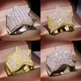 Gold Silver Ring Stones High Quality Hip Hop Bling Cubic Zirconia Five-pointed Star Rings for Men Women Jewelry226P