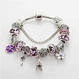 Whole-Charm Bracelet 925 Silver Pandor Bracelets Castle Beads Eiffel Tower pendant Bangle for gift Diy Jewellery Accessories wit246d