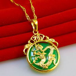 Dragon Pattern Jade Pendant Chain 18k Yellow Gold Filled Women Circle Pendant Necklace Gift With Box270W