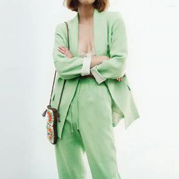 Women's Suits Women Two-piece Pant Suit Blazer Solid Colour Green Coat Vintage Long Sleeve Flip Pockets Female Outerwear Chic Basic Jackets