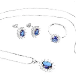 Necklace Earrings Set Blue Sapphire Suit Elegant Pendant Rhinestone Women Earring Gift Delicate Miss