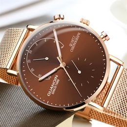 Mens Watches GUANQIN Top Brand Chronograph Luminous Clock Luxury Men Business Creative Mesh Strap Quartz Watch relogio masculino241n