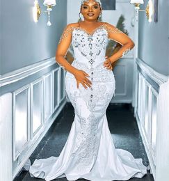 2023 Oct Arabic Aso Ebi Plus Mermaid White Wedding Dress Crystals Beaded Lace Sexy Bridal Gowns Dresses ZJ2022