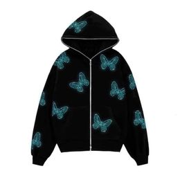 Men's Hoodies Sweatshirts Y2K Hoodies Zipper Sweatshirt Hip-hop Rhinestone Clothes Hooded Jacket Streetwear Retro E-girl Harajuku Women Female Zip Up 230928