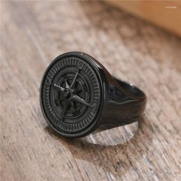 Cluster Rings KOTiK 2023 Fashion Punk Vintage Compass Male Signet Ring Black Stainless Steel Jewelry For Men Valentine's Day Gifts