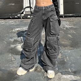 Women's Jeans Multi Pocket Cargo Pants Women Vintage Street Distressed Wash Casual Loose Wide-leg Trousers Y2k Clothing