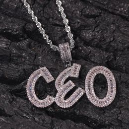 Hip Hop Custom Name Baguette Letters Pendant Necklace With Rope Chain Gold Silver Bling Zirconia Men Pendant Jewelry246k