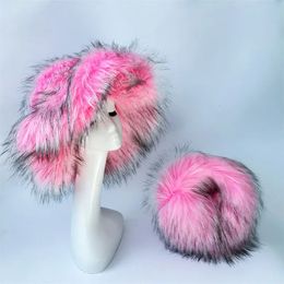 Wide Brim Hats Bucket Hats pink large brim women's winter warm and thickened imitation raccoon fur fisherman hat bucket hat hats for women 230928