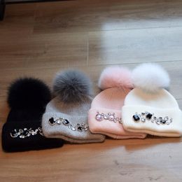 Designer cap autumn and winter beanie hat fox hair ball warm diamond studded wool rabbit hair knitted Korean version Japanese versatile hat designer woman