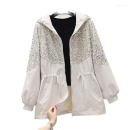 Women's Trench Coats 2023 Spring Autumn Receive Waist Sequins Coat Fashion All-Match Female Outerwear Zipper Hooded Ladies Jacket