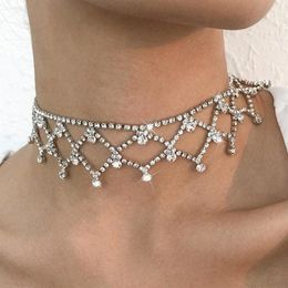Chokers Luxury Rhinestone Mesh Shape Short Choker Necklace Charm Neck Jewellery For Women Bling Crystal Hollow Tassel Party Gifts2414
