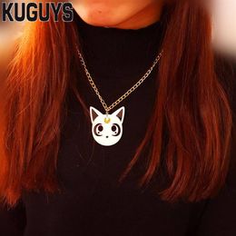 Modeschmuck Acryl Niedliche schwarze und weiße Katzenkopf-Anhänger-Halskette für Damen Langes Gold chaiA297Z