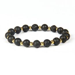 Mens Summer Bracelets Whole Black Lava Rock Stone Beads with 4mm Gold Brass Cz Beads Energy Beaded Bracelets301F