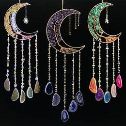 Wall Stickers Agate Dream Catcher Natural 7 Chakra Colour Gemstone Garden Living Room Decoration Wind Chime Decor Moon Gem 230928