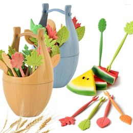 Forks 16pcs/set Biodegradable Fruit Fork Bucket Leaves Shape Dessert Snack Picks Salad Vegetable Kids Lunch Accessories