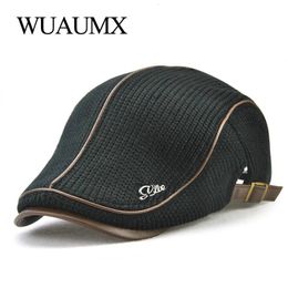 Berets Wuaumx Autumn Winter Crochet Beret Buckle Hats For Men Cap Women Military Visors Thicken Wool Warmer Knitted Casquette 230928