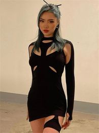 Casual Dresses Dinboa-women Spring High Street Stretch Slim Hollow Out Sexy Mini Bodycon 2023 Simple Solid Black