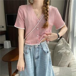 Women's T Shirts Lady Pink Knitted Tank Tops Female Solid Short Sleeve Slim Top Girl Casual Women T-shirt Summer Clothes Cloth